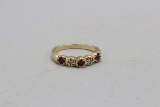 Hallmarked 9ct yellow gold ruby and diamond half eternity ring, comprising three round cut rubies