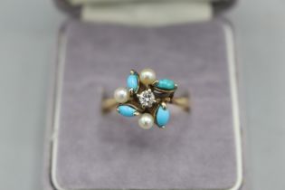 Hallmarked 14ct yellow gold diamond, seed pearl and turquoise cocktail ring, co