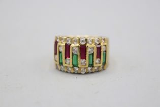 Stamped, XRF tested as 18ct yellow gold, cubic zirconia, red and green gemstone cocktail ring,
