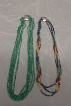 Two strung gemstone necklaces, comprised of a five strand strung faceted emerald bead necklet,