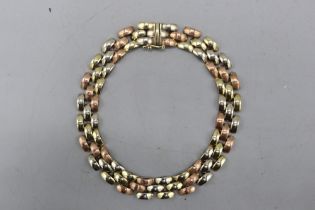 Stamped 9ct gold tricolour brick link bracelet, comprised of alternating rows of brushed rose gold