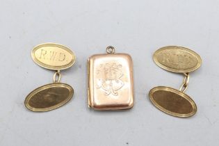 Mixed lot comprising a pair of hallmarked 9ct yellow gold oval-panel cufflinks with "R.W.D."