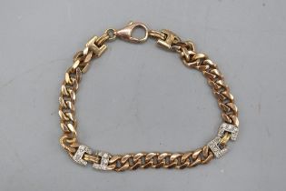 Hallmarked 9ct rose gold diamond curb link bracelet, comprised of shaved curb link chain with two