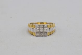 Hallmarked 18ct two-tone Jubilee bracelet-style diamond ring, comprised of 9 pavé-set round-cut