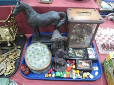 Russian Boxes, model horse, carved wooden bust, clock, etc:- One Tray.