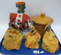 Wade Romance Four (2) and Pampadour Figurines, Staffordshire flatback, Devon lidded jar:- One Tray.