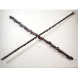 A rustic hawthorn walking cane with silver handle, Dublin 1903 and another lacking handle