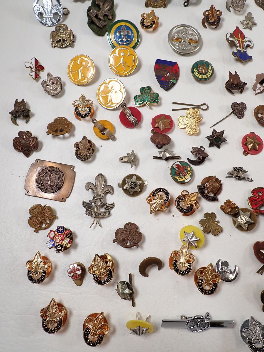a-collection-of-metal-boy-scouts-and-girl-guides-badges-many-enamelled