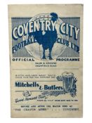 MANCHESTER UNITED AWAY VERSUS COVENTRY CITY 1937/38 FOOTBALL PROGRAMME, 30/8/1937. CHANGES.