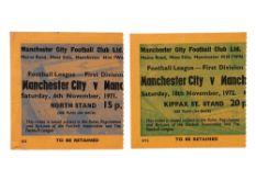 MANCHESTER UNITED AWAY VERSUS MANCHESTER CITY 1970s FOOTBALL TICKET STUBS, 6/11/1971, 18/11/1972.