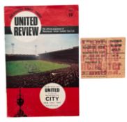 MANCHESTER UNITED VERSUS MANCHESTER CITY 1967/68 FOOTBALL PROGRAMME & TICKET STUB, 10/2/1968. GOOD