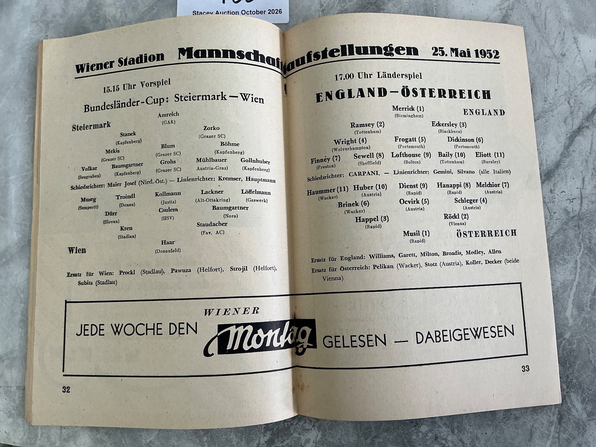 1952 Austria v England Football Programme: Famous Lion of Vienna match ...