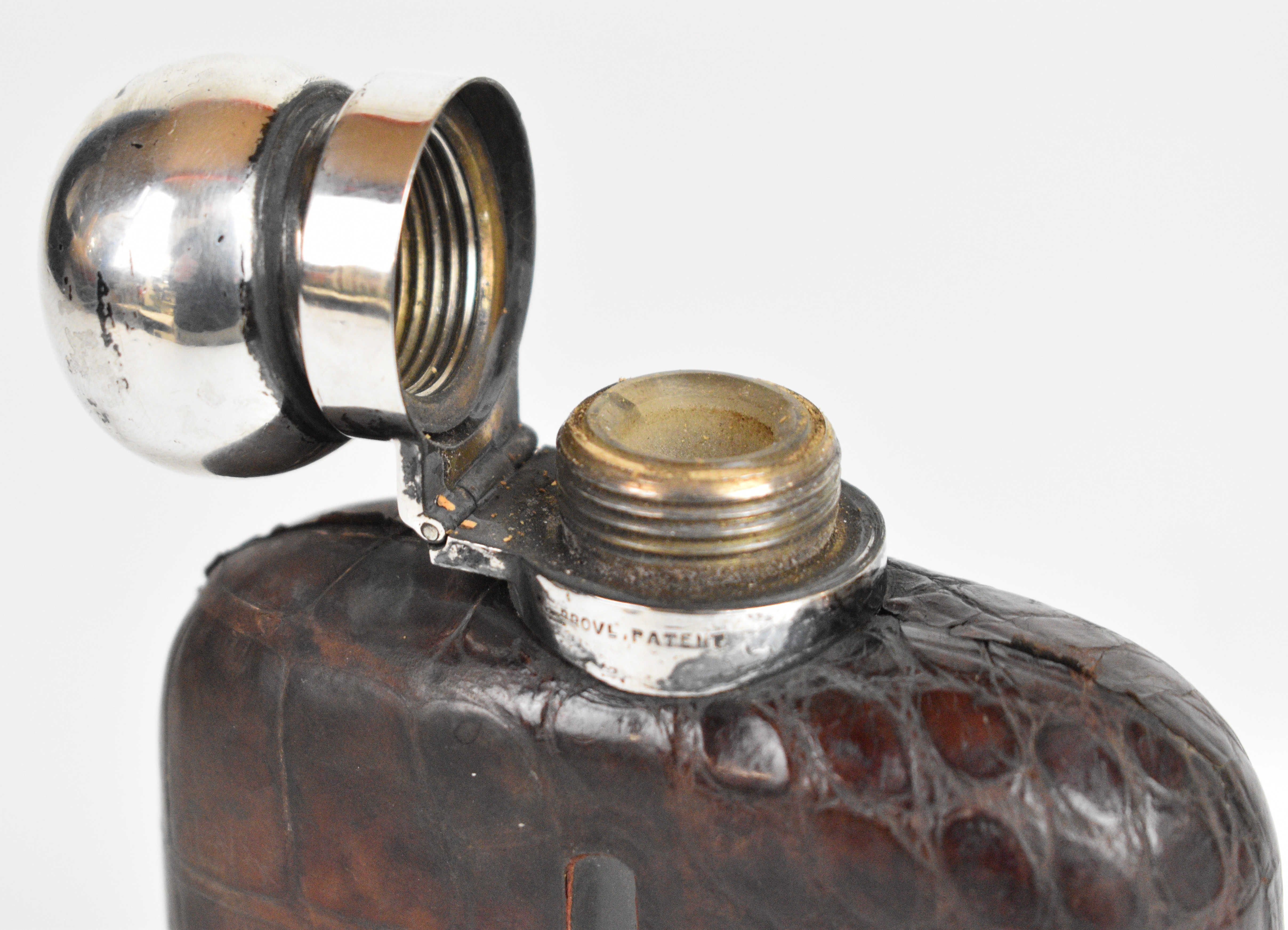 Edward VII hallmarked silver and glass hip flask with captive screw cap and pull off cup, engraved - Image 5 of 5