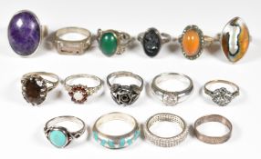 Thirteen silver rings including quartz, turquoise, amethyst, etc, 61g and two 9ct gold and silver