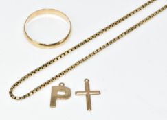 A 9ct gold chain (5g, 45cm), 9ct gold wedding band (1.2g, size Q) and two 9ct gold charms (0.6g)