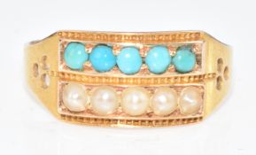 A 15ct gold ring set with turquoise and pearl cabochons, Birmingham 1879, 2.4g, size N/O