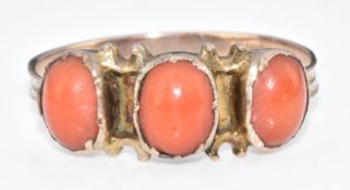 Victorian ring set with three coral cabochons, 1.6g, size O