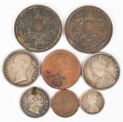 Eight British India coins 1835-1862 including high-grade 1862 silver Half Rupee and Two Annas coins
