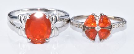 Two 9k white gold rings, both set with fire opals, with certificates, 5.5g, size N & I