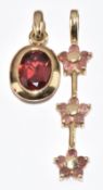 Two 9ct gold pendants, one set with an oval cut garnet and the other tourmaline, 3.1g