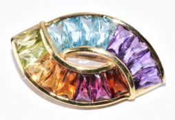 An 18ct gold brooch set with topaz, peridot, amethyst and garnet, 4g, 2.5cm