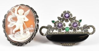 Victorian silver brooch set with a cameo depicting Eros and a silver brooch in an Art Deco style set