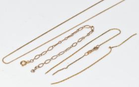 A 9ct gold chain (1.3g, 38cm) and two 9ct gold bracelets, 3.1g (damaged)