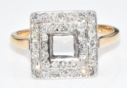 Art Deco 18ct gold ring set with two rows of transitional cut diamonds (centre stone missing), 5.4g,