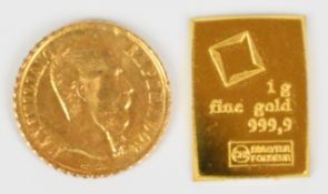 1886 Mexico gold Peso (1.7g 0.875 gold) and 1g 999 fine gold ingot