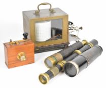 ON combined thermograph and hygrograph, brass and leather three draw telescope, further similar