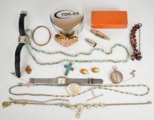 A collection of jewellery including 9ct gold bangle (6.4g), 9ct gold earrings (3.1g), Raymond Weil