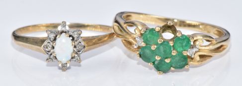 Two 9ct gold rings, one set with emeralds (one emerald missing) and the other with an opal