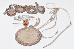 A collection of silver jewellery including four fobs, two brooches (one hallmarked 1904), coin in