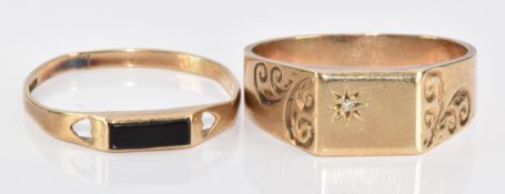 A 9ct gold signet ring set with a diamond and a 9ct gold ring set with onyx, 6g, sizes U & X