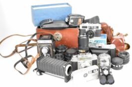 Collectable cameras and lenses to include Ikoflex TLR, Zeiss Ikon 518/2 folding camera, Agfa Ambi
