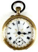 Unnamed 18ct gold keyless winding open faced pocket watch with blued hands, black Roman numerals,
