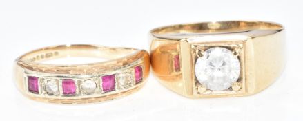 Two 9ct gold rings set with synthetic stones, 5.2g, sizes K & O