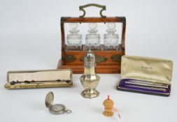 Hallmarked silver caster, Chester, marks rubbed, height 15.5cm, weight 81g, small oak three bottle