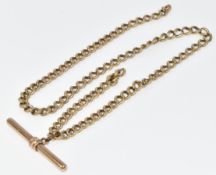 A yellow metal watch chain / Albert made up of curb links, with T bar, 23.2g, 41cm