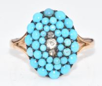 Victorian 9ct gold ring set with turquoise cabochons, rose cut diamonds and an old cut diamond, 3.