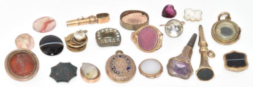 A collection of Victorian items including intaglio seal depicting a woman and bird, 'forget me