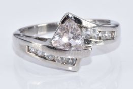 A 9k white gold ring set with a trilliant cut morganite and topaz, with certificate, 4.3g, size O