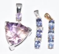 Two 9ct white gold pendants set with amethyst and tanzanites and a 9ct gold pendant set with