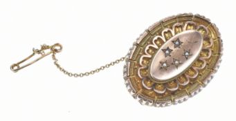 Victorian 9ct gold brooch set with seed pearls, verso a locket compartment, Birmingham 1889, 8.3g,