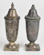Elizabeth II hallmarked silver salt and pepper raised on square bases, Sheffield 1957, maker Viner's