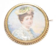 Victorian brooch set with an ivory portrait miniature of a young woman, 16g, 3.5cm. Ivory