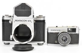 Pentacon Six medium format SLR camera with prism finder, together with an Olympus Trip 35