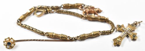 Victorian 9ct gold cross set with split pearls, Birmingham 1893 (1.9g), a Victorian yellow metal