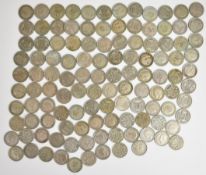 Approximately 330g pre 1947 British silver coinage comprising 117 George V and George VI sixpence