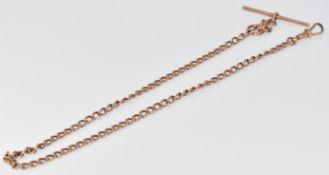 A 9ct gold watch chain with T-bar, dog clip and bolt clasp, 13.8g, 38cm
